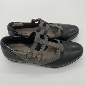 Earth Gemma Black Leather T-Strap Slip On Comfort
